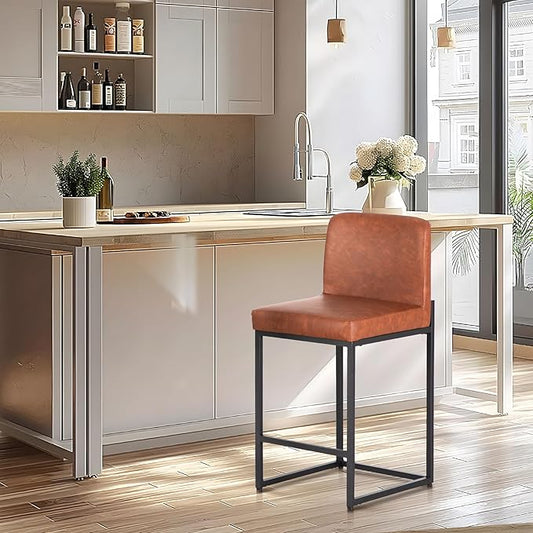ALPHA HOME 24 Inch Bar Stools, Kitchen Counter Stools with Backs, PU Leather Barstools, Kitchen Stools with Back&Upholstered Footrest, Sturdy Chromed Metal Steel Frame, Brown