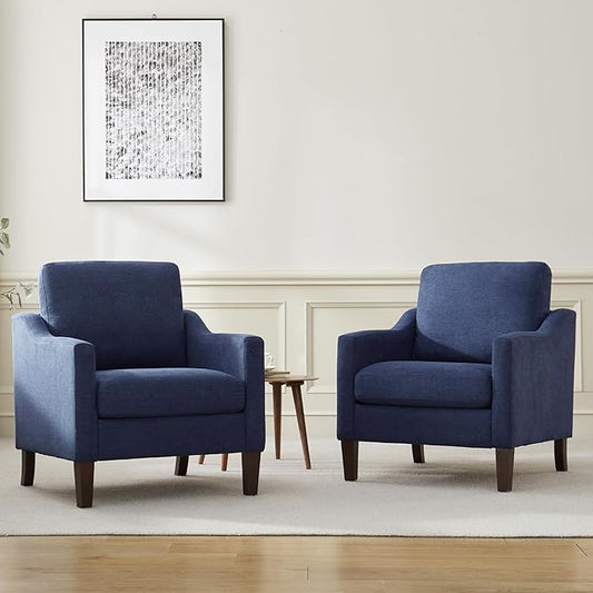 VKNOW Mid Century Modern Accent Chairs Set of 2, Upholstered Living Room Chairs Armchair for Bedroom, Comfy Reading Accent Chairs with Wood Legs for Living Room, Navy Blue