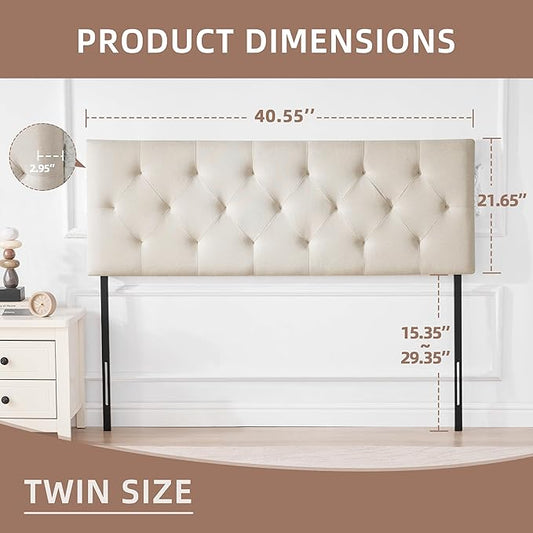 Linen Upholstered Headboard Twin Size, Diamond Tufting Solid Wood Twin XL Headboard Only, Adjustable Height from 37” to 51” Head Board, Dorm Bed Frame or Wall Mount Headboards, Beige