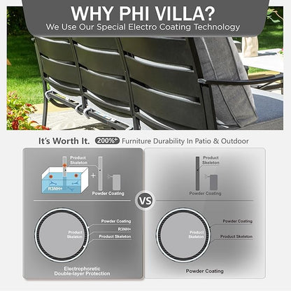 PHI VILLA Patio Furniture Set with FirePit Table, Outdoor Furniture with 1 x 3-Seat Wide Deep Seating Bench, 2 x Swivel Sofa Chairs & 2 Ottomans, 5.75" Thick Cushioned Outdoor Conversation Set, Grey