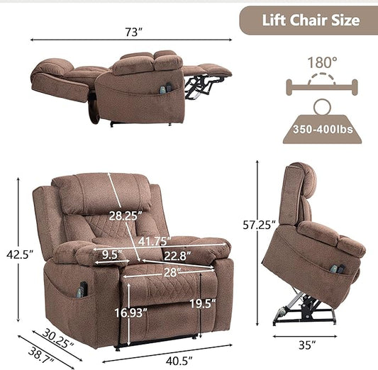 Big Man Power Lay Flat Lift Chair Oversized Recliner Dual Motor Heat Vibration for Elderly, Overstuffed Electric Extra Wide Recliners with Flip Arm Storage Cup Holders,USB Type C Charging