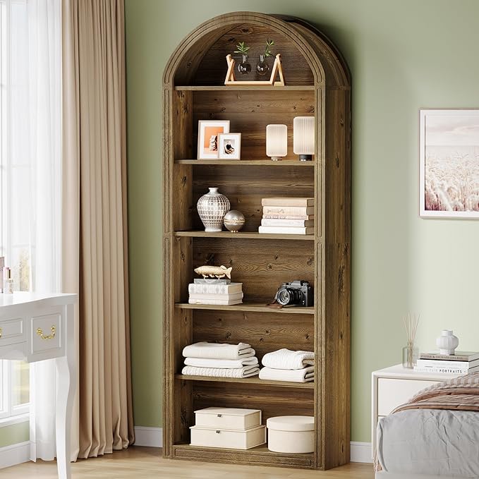 Tribesigns 77.16" Tall Arched Bookshelf, 6-Tier White Arched Bookcase with Storage Shelves for Living Room, Bedroom, Set of 2 (Brown, 6-Tier)
