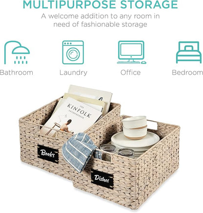 Best Choice Products Pantry Baskets Set of 2 16x12in Water Hyacinth Storage Baskets, Woven Wicker Kitchen Organizers with handles w/Chalkboard Label Chalk Marker - White