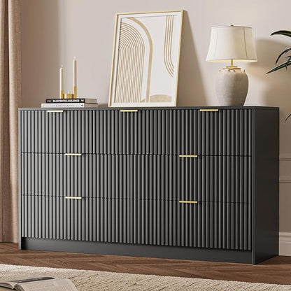 3-Piece Dresser Bedroom Set, 7 Drawer Dresser & 3 Drawer Nightstands with Gold Handles, Fluted Wood Chest of Drawers for Bedroom, Living Room, Entryway, Black