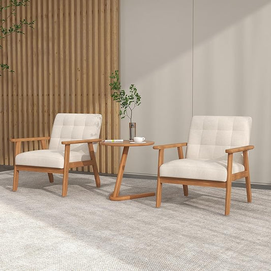 KCC Mid-Century Modern Linen Fabric Accent Chair, Upholstered Leisure Chair Comfy Reading Side Chair with Armrest and Solid Wood Frame for Living Room Bedroom Balcony(Beige)
