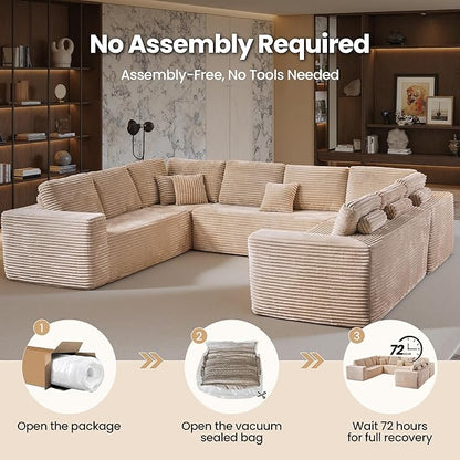 Cloud Sectional Couch with Loveseat, Boneless U-Shaped Cloud Couch with Deep Seat, Soft Plush Modern Minimalist Sofa, Assembly Free Modular Floor Sofa for Office Living Room Apartment, Beige