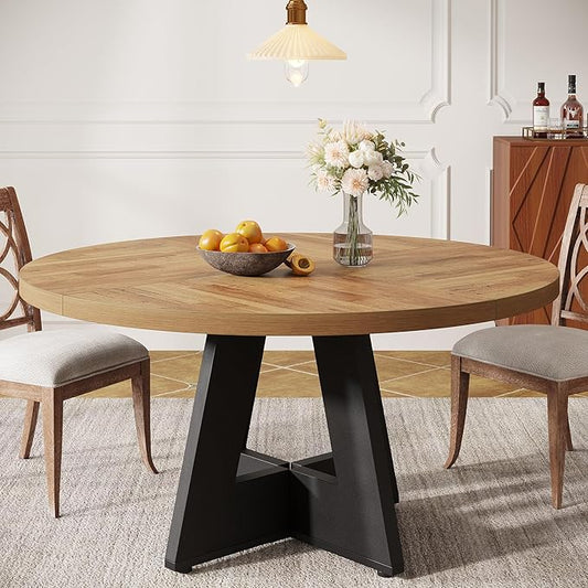 Tribesigns Farmhouse Dining Table, 47 Inch Round Dinner Table for 4, Rustic Round Dining Room Table for Home Dining Room Living Room (Walnut Brown+Black)