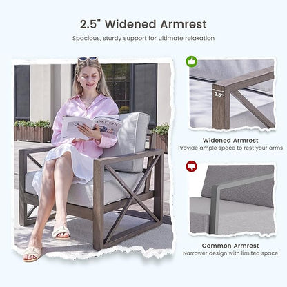 UDPATIO 6 Piece Aluminum Patio Furniture Set 7 Seats Modern Outdoor Furniture Faux Wood Grain Patio Conversation Sets with Olefin Fabric Thick Cushions, 600D Waterproof Cover Included, Light Grey