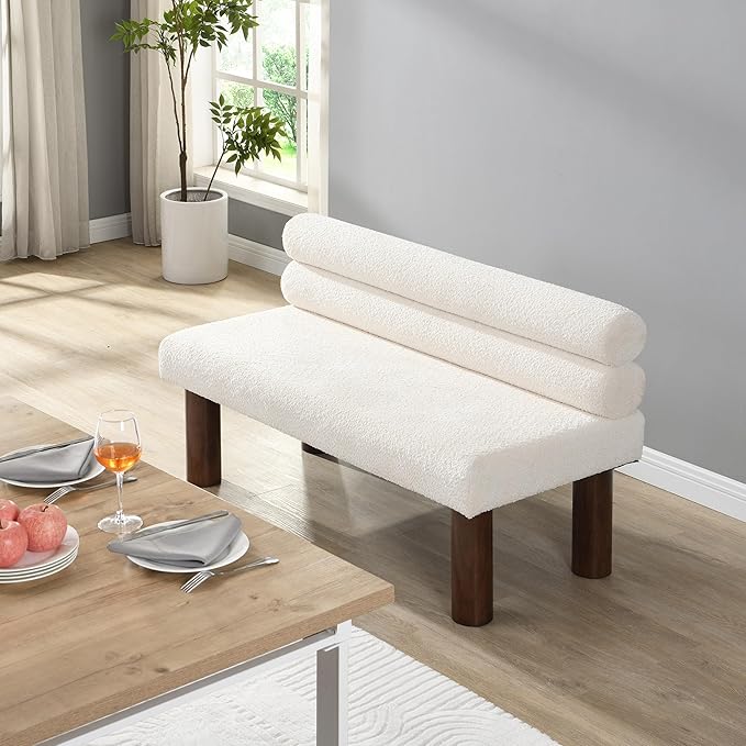 Christopher Knight Home Wally Boucle Upholstered Dining Bench, Modern Large Dining Room Chair, Entryway Ottoman Bench, Bedroom End of Bed Seating, Armless Desing and Wooden Frame, Milky White+Brown