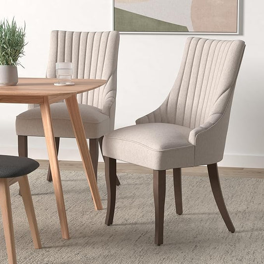 mikibama Linen Dining Chairs Set of 4 Channel Tufted Kitchen Dinner Chair Comfy Fabric Upholstered Accent Chair for Dining Room with Solid Wood Legs (Beige 4pc)