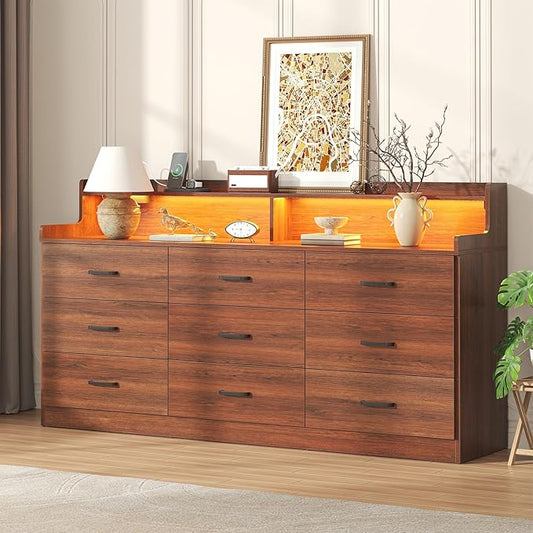 Bigbiglife 9 Drawer Dresser with Built in Power Outlet and LED Light, Modern Chest of Drawers for Bedroom, Triple Wide Drawer Organizer Cabinet for Living Room, Entryway, Hallway, Walnut Brown