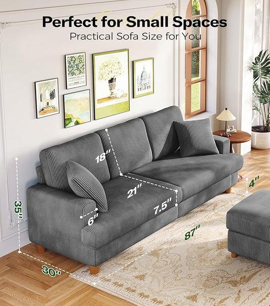 Kidirect 87in Corduroy Couch, Sofa No Tool Assembly, Comfy Couches for Living Room 21in Deeper Seats, Corduroy Sofas for Living Room with 2 Pillows, Oversized Loveseat Sofa, Boho Love Seat Grey Couch