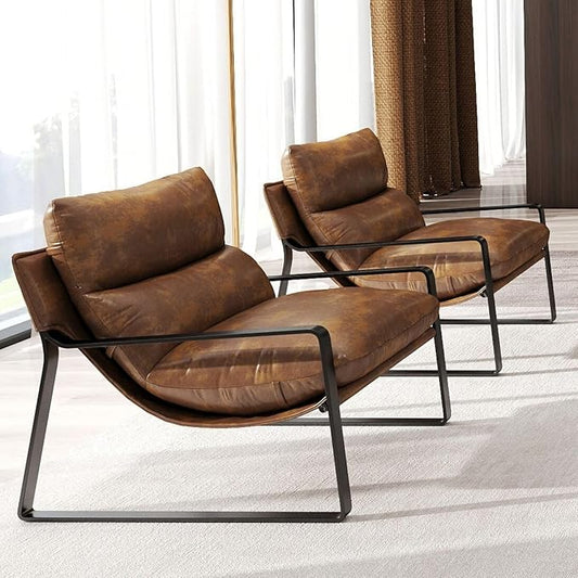 LukeAlon Modern PU Leather Accent Armchairs Set of 2, Upholstered Soft Living Room Chairs with Black Metal Legs Removable Thickened Cushion Sofa Chairs Lounge Chair for Bedroom Living Room, Brown