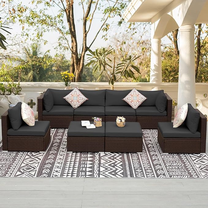 NICESOUL 8 Seater Modern Backyard Furniture Set, 29.3'' High Back Luxury Comfy Brown Wicker Patio Conversation Set with Ottoman, Deep and Wide Sofa Sectional for Exteriors, Dark Brown & Grey