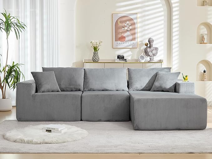 107" Cloud Sectional Couch, Modular Sectional Sofa with L-Shape Chaise, Corduroy Boneless Couch with Deep Seat, Upholstered Sofa for Living Room, No Assembly Required(Right-Facing Chaise, Dark Grey)