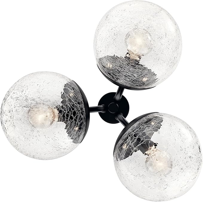 KICHLER Silvarious 3-Light Convertible Pendant, Soft Modern Light with Clear Crackled Glass in Black, for Hallway, Dining Nook, Bedroom or Kitchen (9.5" x 16.5"), 52700BK