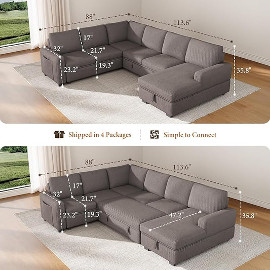 Vesgantti 113.6" Pull Out Sofa Bed with Chaise, 7 Seater U Shaped Sleeper Sofa with Storage Chaise, Corduroy Modular Sectional Couch for Living Room, Bedroom, Apartment, Light Coffee