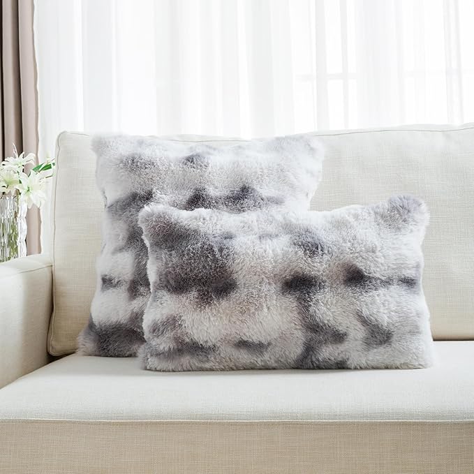 FUTEI Grey White Decorative Throw Pillow Covers 26x26 Inch Set of 2,Soft Fuzzy Faux Rabbit Fur Euro Pillow Shams with Raised Texture,Neutral Boho Home Decor for Couch Bed Living Room