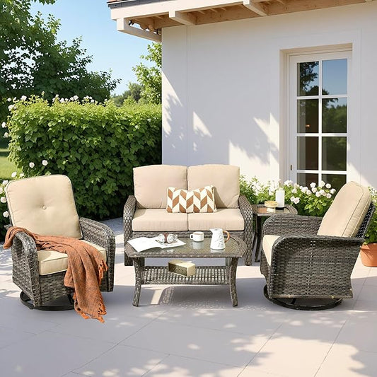 5 PCS Patio Outdoor Furniture Set with Swivel Rocking Chairs,All Weather Wicker Rattan Patio Seating Sofa and Chairs Set,Outdoor Conversaiton Sets for Deck Yard Prrch Garden Poolside,Beige