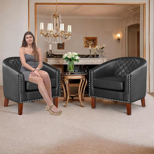 Prilinex Comfy Barrel Accent Chair Set of 4 - Faux Leather Living Room Chair Club Chair with Cushion, Diamond Grid Backrest & Nailhead Trim, Guest Chair for Office, Bedroom & Waiting Room, Black
