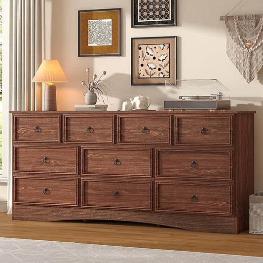 Farmhouse 10 Drawer Dresser for Bedroom – 63'' Long Dresser Wood Chest of Drawers,TV Stand for 75 inch TV, Storage Organizer Furniture, Hallway, Entryway, Closet, Cherry Wood