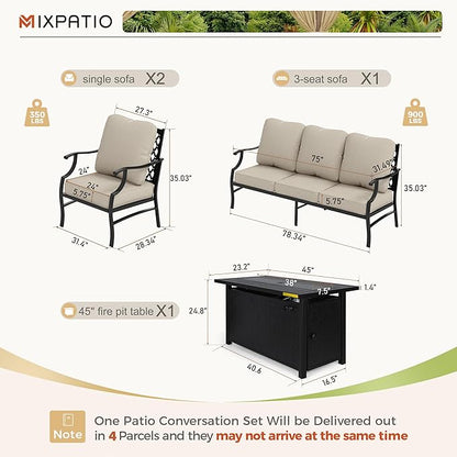 Patio Furniture Set with Firepit Table, 4 Pcs Metal Outdoor Conversation Set, 2 Single Chairs and 3 Seater Sofa with 5.75" Extra Thick Cushion and Gas Fire Pit Table for Backyard Deck, Beige