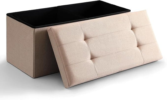CUYOCA Storage Ottoman Bench Foldable Seat Footrest Shoe Bench End of Bed Storage with Flipping Lid, 75L Storage Space, 30 inches Linen Fabric Sandy Beige