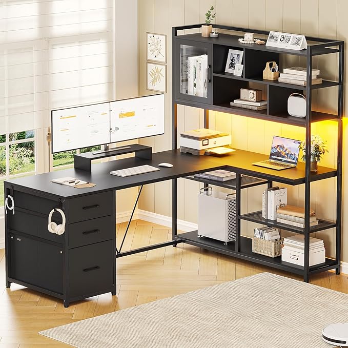 SEDETA L Shaped Computer Desk, 58'' Office Desk with 3 Drawers and Bookshelf, L Shaped Corner Desk with Storage Shelves and LED Light for Home Office, Gaming Desk, L Desk, Black