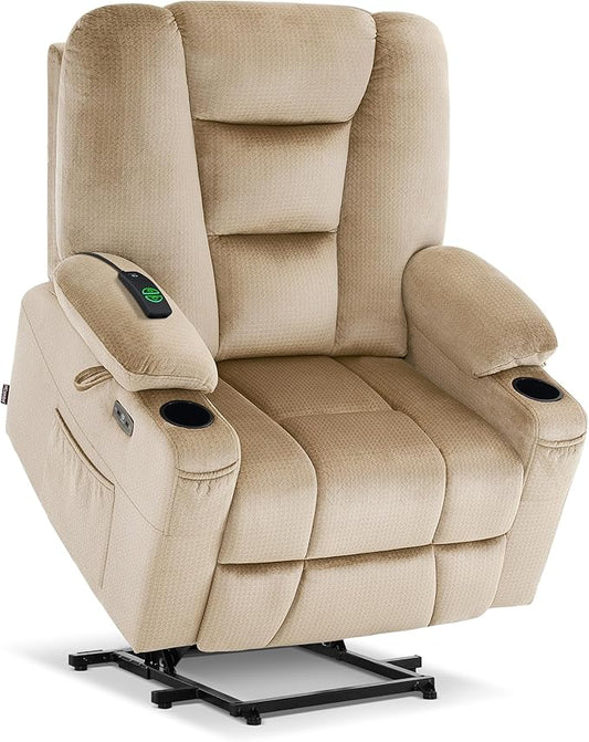 MCombo Oversized Power Lift Recliner Chair Sofa with Massage and Heat for Elderly People Petite, USB Ports, Side Pockets, Fabric R7561 (Beige, Small-Oversize)