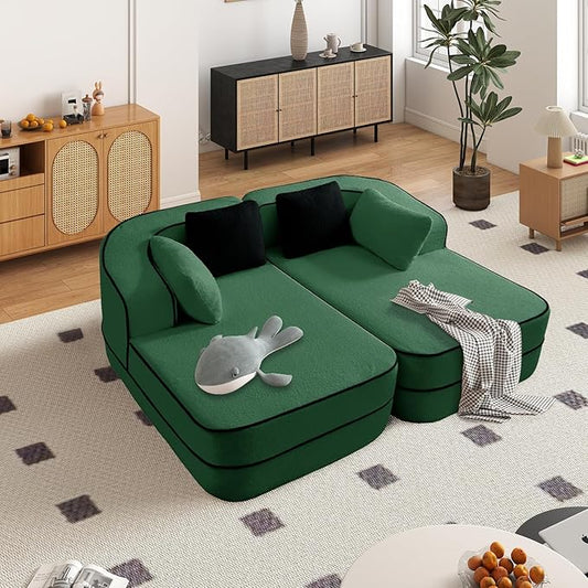 Cloud Sectional Sofa Modern Boneless Couch for Living Room, Comfy Deep Seat Comfy Teddy Fabric Double Sofa Chaise No Assembly Required (Green, 77.2" Double Chaise Lounge)
