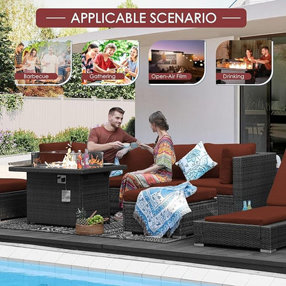NICESOUL 7 Piece Oversized Patio Furniture Sofa Set with Fire Pit Table Propane Natural Gas Convertible, 29.3'' High Back Sturdy Outdoor Conversation for Heavy People, 2 Color Cushion Wine & Gray
