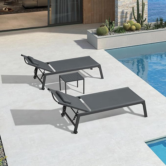PURPLE LEAF Outdoor Oversized Lounge Chair Set of 3 Patio Chaise Pool Lounger Aluminum Frame with Side Table and Wheels for Outside Sunbathing Tanning Recliner Including Pillows Gray