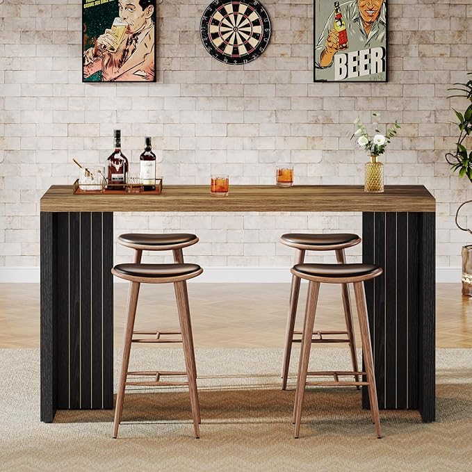 Tribesigns Home Bar Unit, 55.12-Inch Bar Table with a Spacious Tabletop, Modern Freestanding Mini Bar for Home Kitchen, Living Room, Balcony, Basement, Brown & Black (Set of 2)