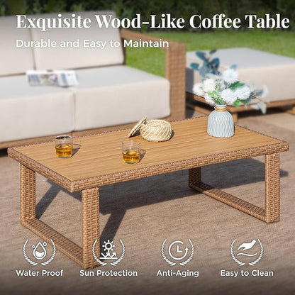 Outdoor Patio Furniture Set, 5 Piece Outdoor Rattan Wicker Sofa Couch, Conversation Sets with 2 Single Sofa, 2 Armchairs and Coffee Table for Deck Backyard Lawn