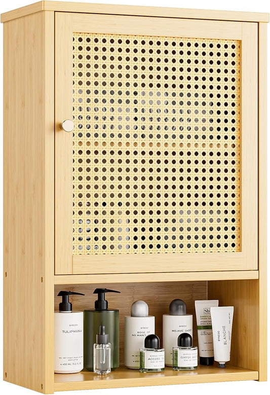Bathroom Wall Cabinet, Bamboo Over-The-Toilet Storage Organizer with Rattan Doors and Adjustable Shelf, Space Saver Medicine Cabinet for Laundry, Kitchen, Living Room (Natural)