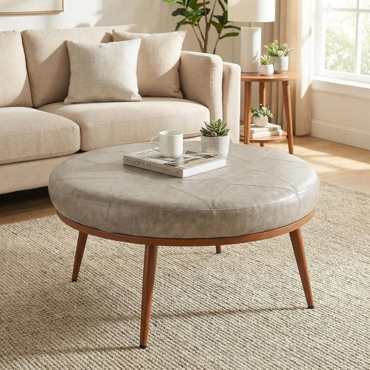Round Ottoman Coffee Table - PU Leather Fabric, Metal Frame, Thick Cushioned Tabletop for Living Room, Therapy Room, or Style Lovers - Perfect as Coffee Table, Footstool, or Chair-Grey