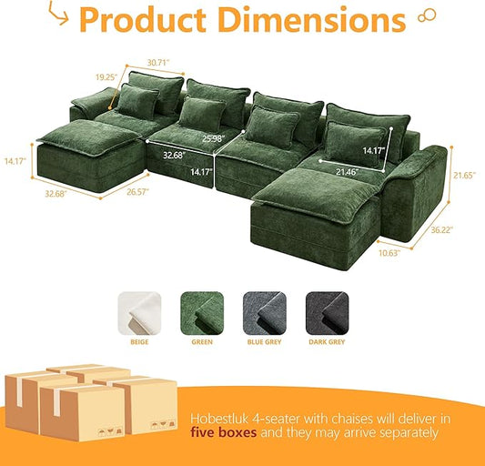 Hobestluk 152" Cloud Modular Sectional Couch 4-Seater Sofa with Ottomans U Shaped Couch Deep Seat Sofa with Removable Cover for Living Room (Green, 4-Seater Sofa with Two Ottomans)