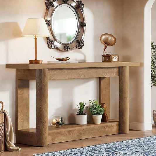 Tribesigns 63" Narrow Console Table, 2-Tier Storage Long Entryway Table, Sofa Foyer Furniture for Living Room, Entrance, Hallway, Light Brown