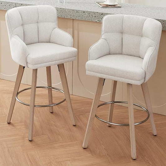 360°Swivel Counter Height Bar Stools with Back, 30 inch Solid Wood Legs, Bar Stool Modern Kitchen Island Chairs, Fabric (Beige- Fabric, 30" H- Set of 2)