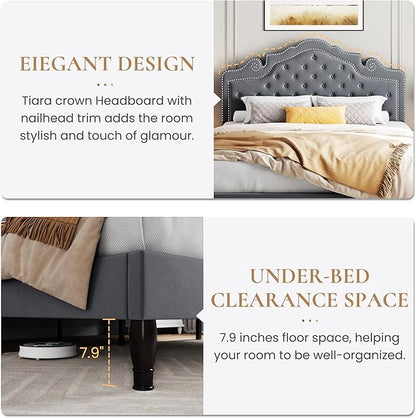 SHA CERLIN Queen Bed Frame with Adjustable Headboard/Velvet Upholstered/Diamond Button Tufted and Metal Studs/No Box Spring Needed/Wooden Slat Support/Easy Assembly/Light Grey