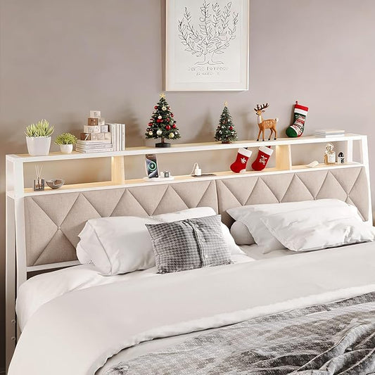 King Headboard Only, Headboard for King Size Bed with Storage, Upholstered Headboards with LED Lights & Charging Station, Attach Frame, Ideal for Bedroom/Dorm/Guest Room, White & Beige
