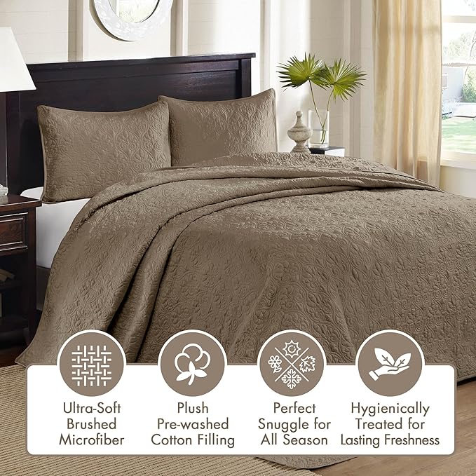 Madison Park Quebec Reversible Quilt Set Damask Design, Double Sided Stitching All Season, Lightweight Bedspread Bedding Set, Matching Sham, Khaki, Queen(102"x118") 3 Piece
