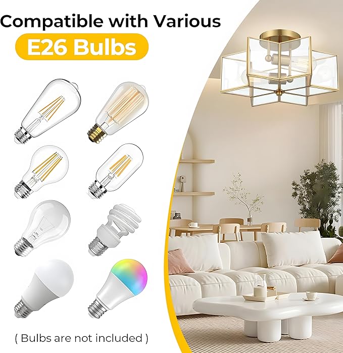 Bofea-Gold Ceiling Light Modern Semi Flush Mount Ceiling Lights Vintage Hallway Lights Fixture Brass Star Flush Light Fixture Unique Glass Semi Flush Mount Chandelier for Bedroom Foyer Entry Lamp