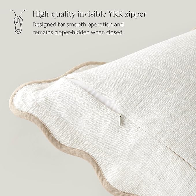 Double Stitch Scalloped Throw Pillow Covers - 100% Cotton Set of 2 Decorative Boho Pillow Covers 20 x 20, Made in India, Square Cushion Case, Modern Home Decor for Couch Sofa Living Room, Cream
