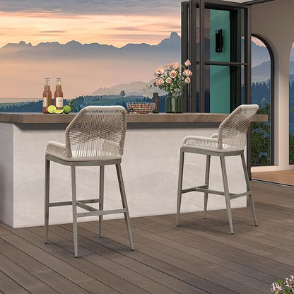 PURPLE LEAF 2 Pieces Bar Stools Patio Modern Rattan Barstools Aluminum Woven Tall Bar Chairs with Cushions for Outdoor Kitchen Island Garden
