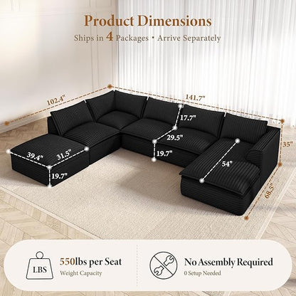 Vesgantti 141.7" Oversized Sectional Boneless Couch, Modern 7 Seater Modular Sofa with Chaise & Ottoman, Deep Seat Plush Corduroy Cloud Couches for Living Room, No Assembly Required, Black