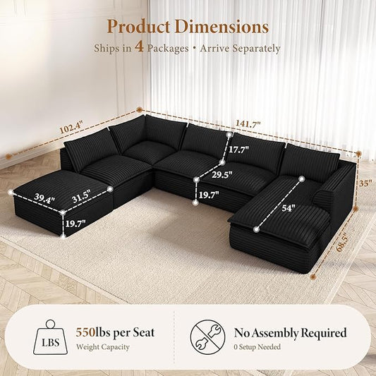 Vesgantti 141.7" Oversized Sectional Boneless Couch, Modern 7 Seater Modular Sofa with Chaise & Ottoman, Deep Seat Plush Corduroy Cloud Couches for Living Room, No Assembly Required, Black