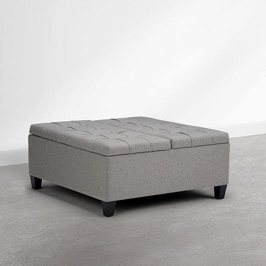 SIMPLIHOME Harrison Coffee Table Storage Ottoman - 36 inch Wide Upholstered Linen Look Fabric Square Storage Ottoman in Oyster Grey, Transitional Tufted Ottoman for Living Room with Split Lift-Up Lid