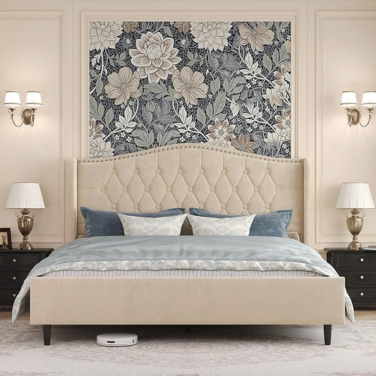 Belffin Full Size Bed Frame with Headboard, Upholstered Velvet Luxury Bed Frame with Wingback, Anti-Slide Tall Footboard, Button Tufted & Nailhead Trim, Noise-Free, No Box Spring Needed, Beige