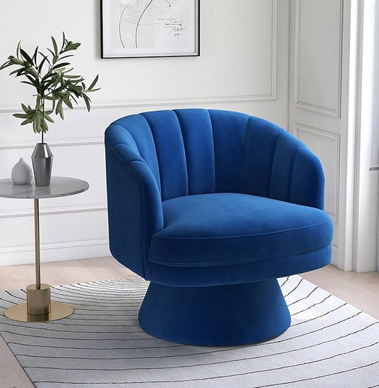Swivel Accent Chair,Upholstered Velvet 360° Swivel Barrel Chair for Living Room Overstuffed Bouncle Reading Chair Round Armchair for Bedroom,Vanity,Office (Navy)